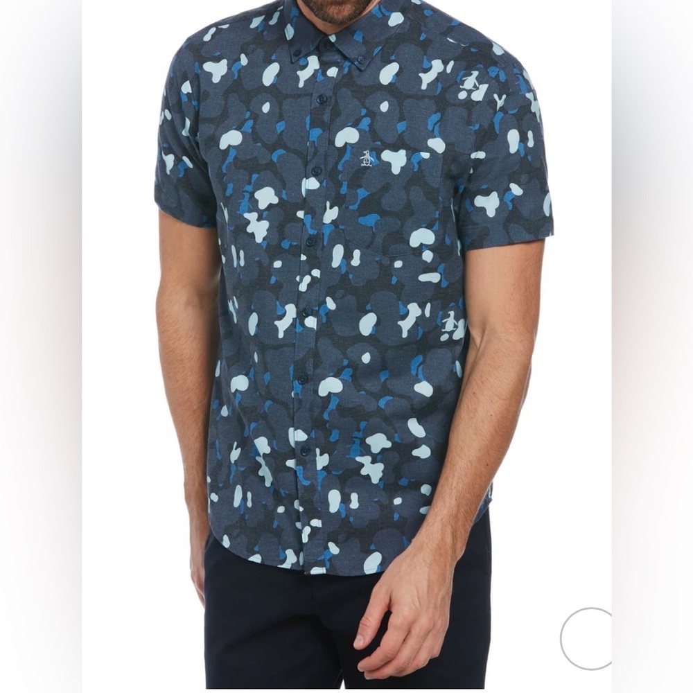 ORIGINAL PENGUIN Men's Navy and Light Blue Camouflage Button-Down Shirt Size XXL